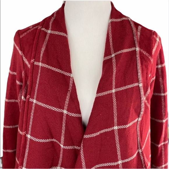 Bohemian Red Plaid Draped Open Front Jacket - Picture 4 of 12